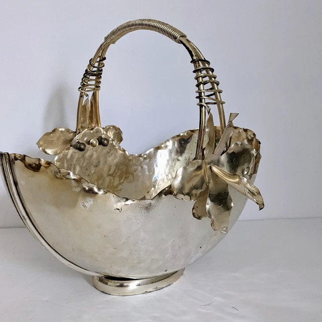 Vintage Italian Silver-Plate Metal Basket with Hand-Made Metal Orchids
