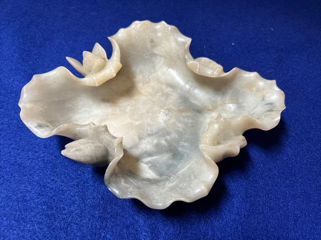 Antique Vintage Carved Soapstone Dish with Lotus Flowers-Geometric Design