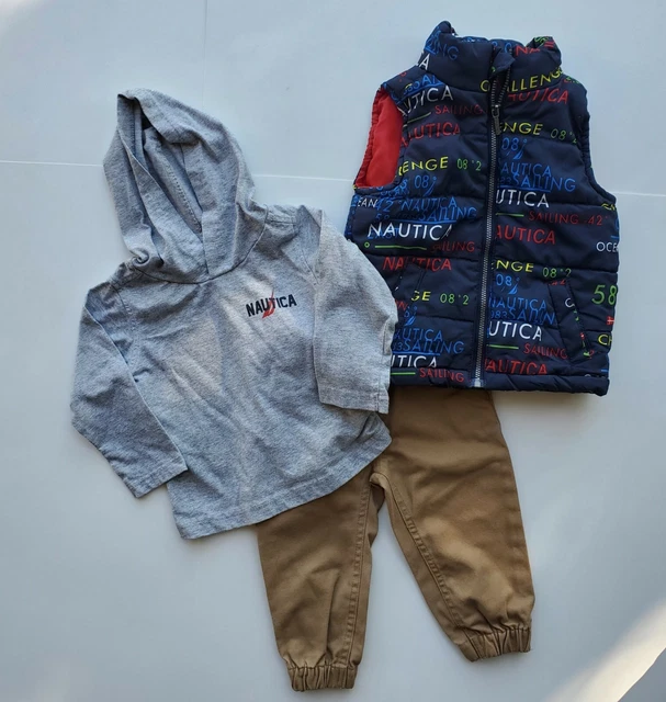 Nautica Boys 3 Piece Set Puffy Vest with Grey Hooded Tee and Pants Size 12 Month