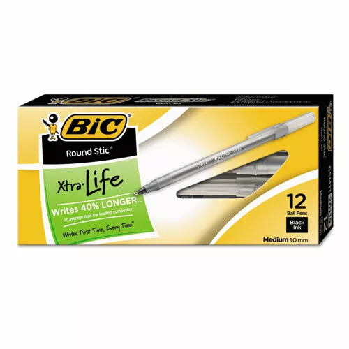 BIC GSM11BK Round Stic Xtra Life Ballpoint Medium Point Black Ink Pen Dozen