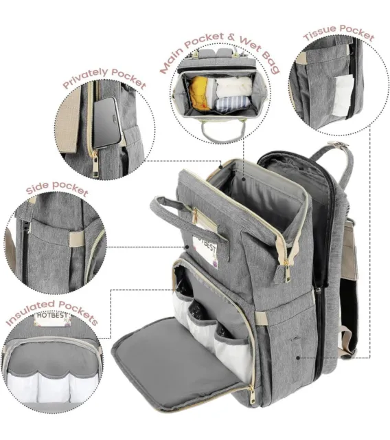 HOTBEST 3-in-1 Travel Foldable Baby Bed Diaper Bag Backpack Bassine Gray 3