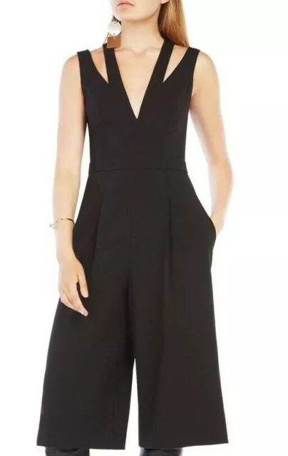 NEW BCBG MAXAZRIA ELLIS CROPPED JUMPSUIT Black CUTOUTS WIDE LEG Sz XXS-XS $228 3