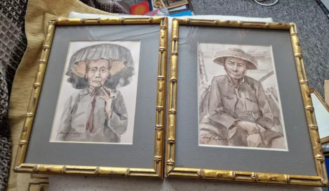 Pair of Chinese? Watercolour Painting of Old Man & Woman With Pipes Ping Chen?
