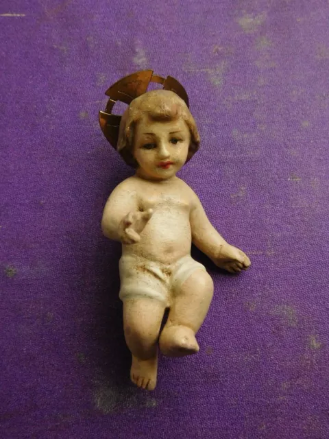 Antico Gesu' Bambino Gesso Dipinto A Mano Cm 8 Con Aureola 