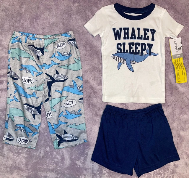 NWT Carters Infant Boy Pajama Set Shorts Shirt Pants 3 Pc 12 Month Whaley Sleepy