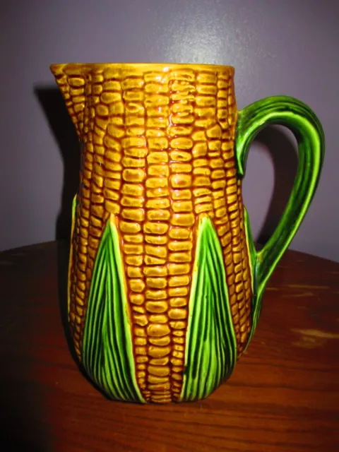 Vintage Olfaire Made In Portugal Corn Water Tea Pitcher Majolica Style 8 3/4 In.