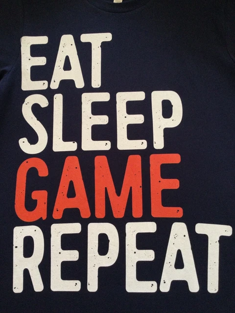 T-Shirt Giocatori BELLA TELA M Navy Top Switch XBox PS Wii EAT SLEEP GAME REPEAT