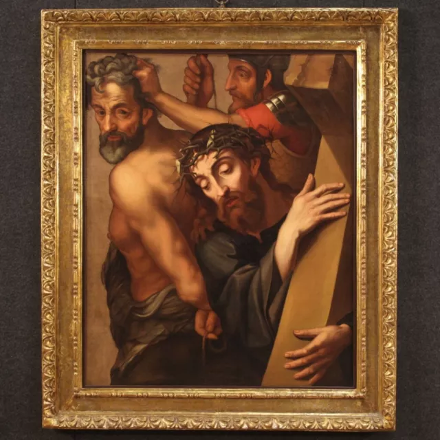 Antico Cristo portacroce 600 dipinto via crucis olio su tela quadro religioso