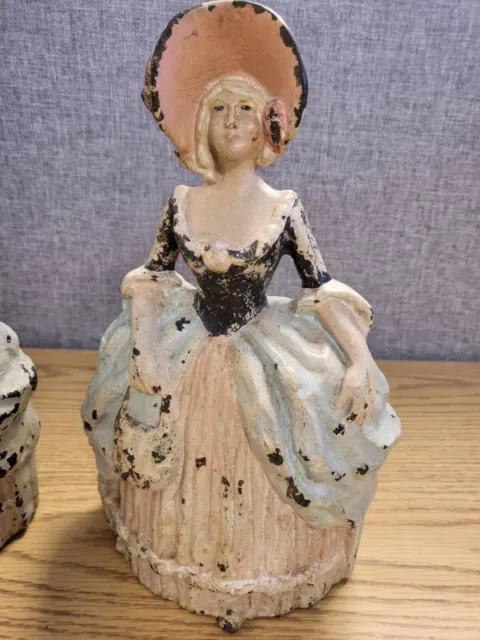 Hubley Cast Iron Pair Southern Belle Maiden Doorstops 1920's 10 1/2 inches tall 2