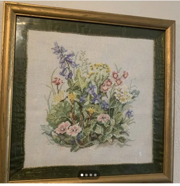 Vintage Embroidered Needlepoint Wall Art Matted, Framed Flowers in Basket Floral