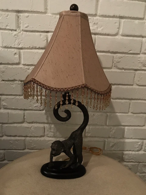 Monkey Table Lamp Curved Tail with Beaded Shade 27”