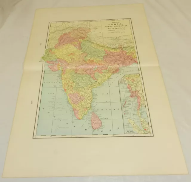 1904 Antique Cram COLOR Map/INDIA, NEPAL, BHUTAN, MALAY PENINSULA/Large 14x22"