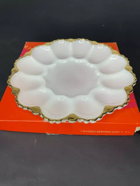 Anchor Hocking Vintage White Milk Glass Deviled Egg Plate  Gold Rim 10 "