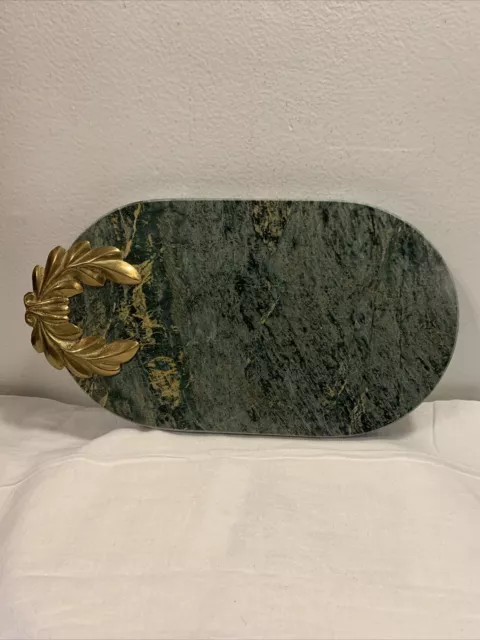 Cheese Board Tray Green Marble w/Bronze Laurel Wreath Accent 13.5x7.5” Horchow