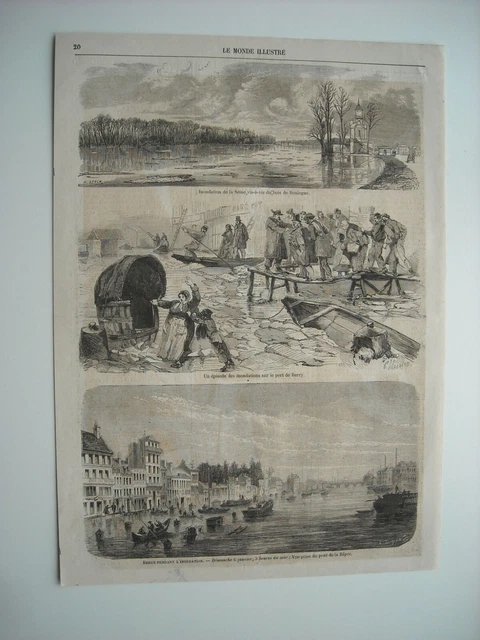 Gravure 1861. Inondations Seine A Paris. Port De Bercy. Bercy Pont De La Rape...