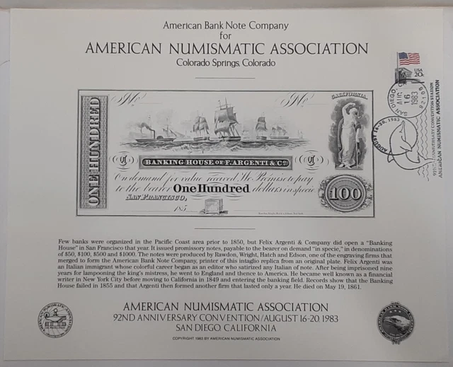 ABNC SC 1983 ANA San Diego - Bank of FArgenti&Co SF $100 Obsolete Note  SO-34