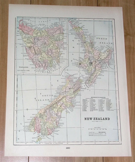 1896 Original Antique Map Of New Zealand / Verso Australia Queensland Victoria