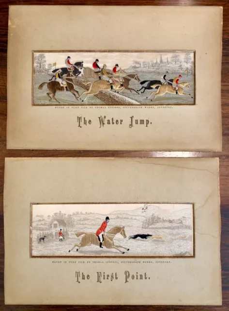 1880s Stevengraph Woven Silk Pictures Pair The Water Jump & The First Point