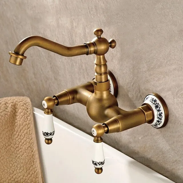 Wall Mount Antique Brass Swivel Bathroom Sink Faucet Basin Mixer Tap Dual Handle