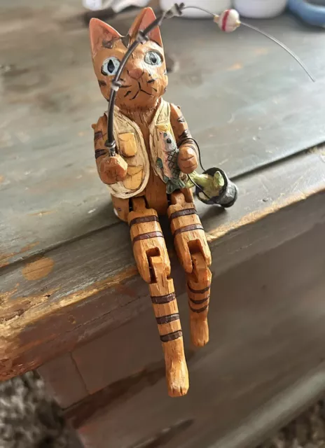 Vintage Fishing Cat Figurine Shelf Sitter Tabby Orange Articulated