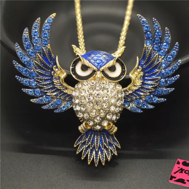 New Fashion Lady Blue Enamel Cute Owl Animal Crystal Pendant Women Necklace