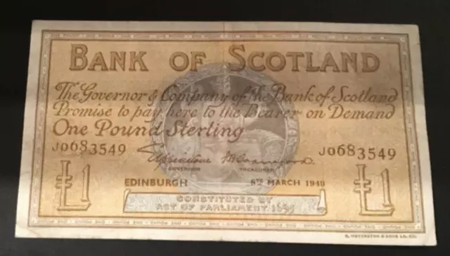 Banknote Of Scotland One Pound. Bank Of Scotland Dated 1949. Excellent Cond.