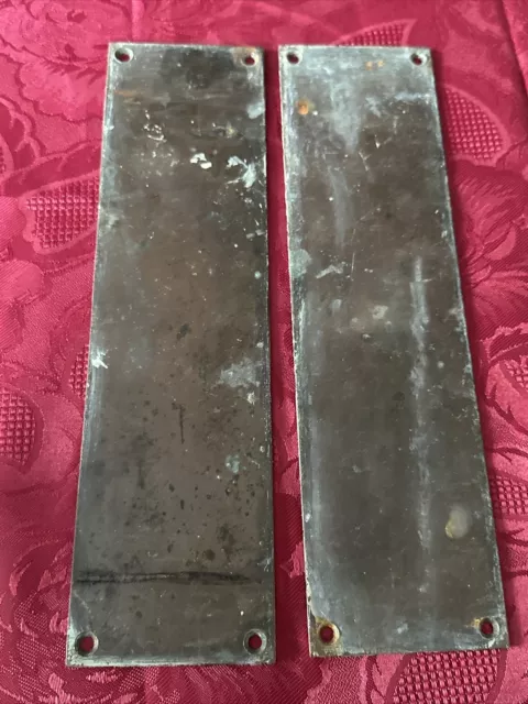 Pair Of Very Old Solid Brass Push Plates - Salvaged In Need Of TLC - 11” x 3” 3