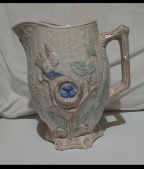 Large 9" English Antique Majolica Pitcher With Birds & Nest, Blue Green & Cream