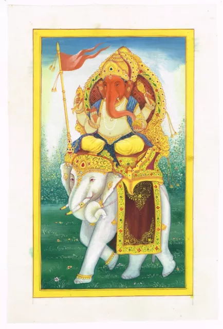 Pintura Miniatura De Dios Ganesha Sobre Elefante Hindú Religioso Arte Sobre Tela