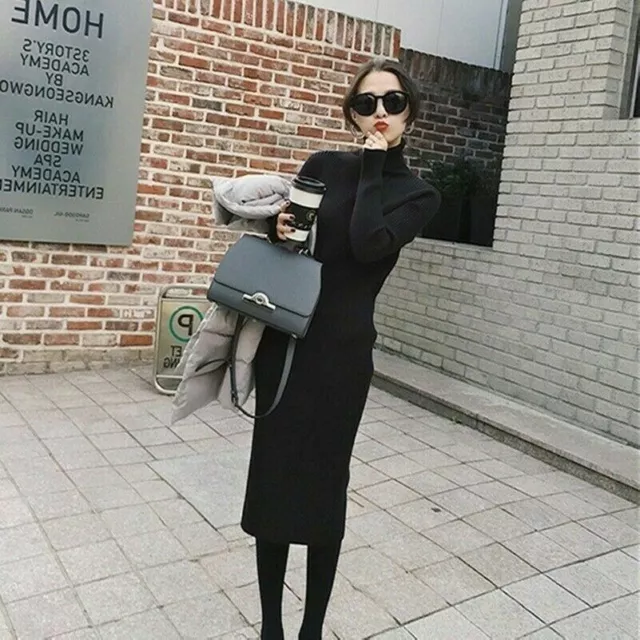 Women Knitted Sweater Dress Turtleneck Long Sleeve Ribbed Pullover Winter