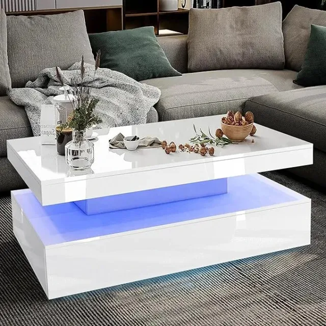 Wooden Coffee Table With Storage High Gloss Sofa End Table LED Light Living Room