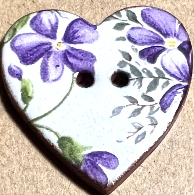 Simply Pretty HEART Terra Cotta Ceramic Purple Flowers on White 1 1/8”