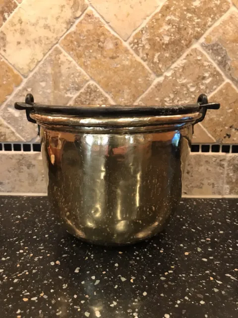 Antique 19th Century Brass Pail Bucket with Forged Iron Handle / hand hammered.
