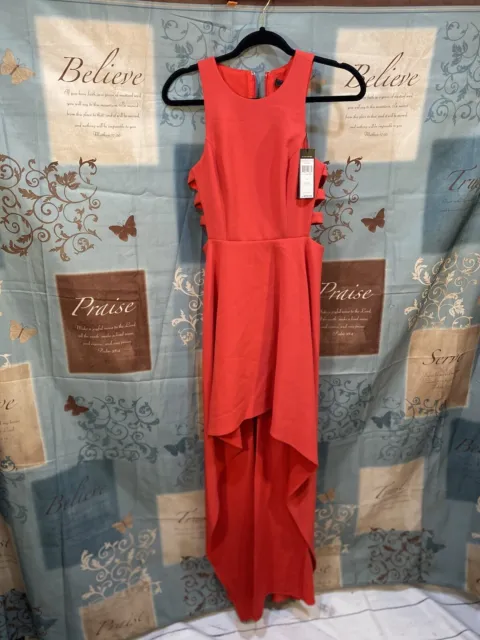 BCBG MAXAZRIA ROSALYN Red Coral CUTOUT HIGH-LOW DRESS Scoop Neck Size 4 $338 NWT