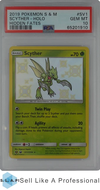2019 Pokemon Sun & Moon Hidden Fates Scyther Holo SV1 PSA 10