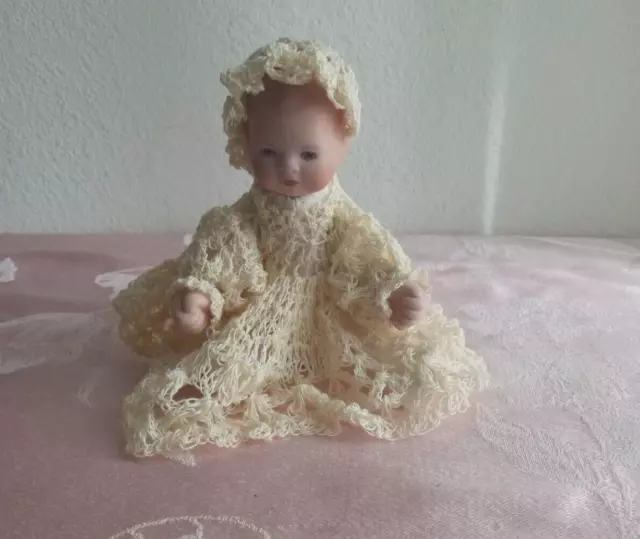 Miniature Porcelain Cloth Jointed Doll with Crochet  Dress & Hat 6"