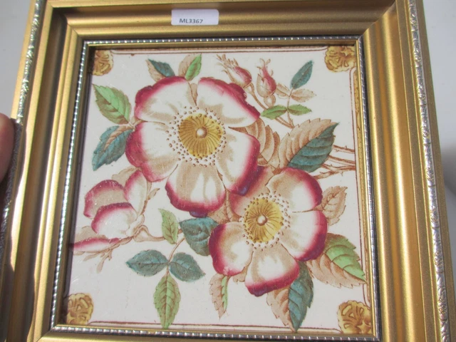 Vintage Ceramic Tile Art Nouveau Floral Flowers Roses Leaf Gilt Frame 10