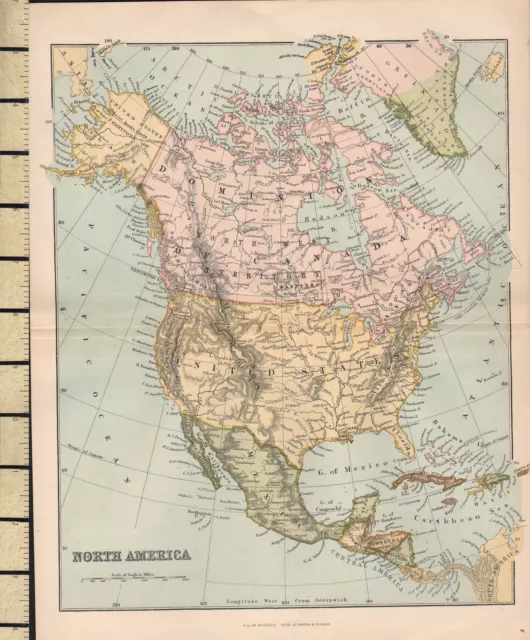 c1880 VICTORIAN MAP ~ NORTH AMERICA ~ UNITED STATES MEXICO CANADA BAHAMA ~