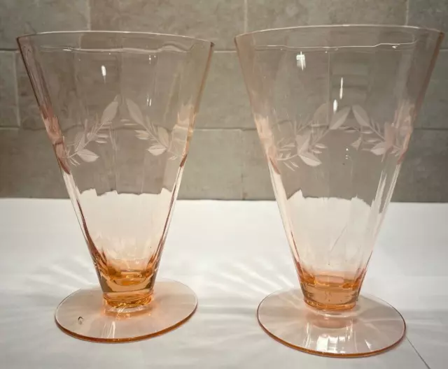 Pair of Vintage Pink Depression Glass Etched Parfait Glasses