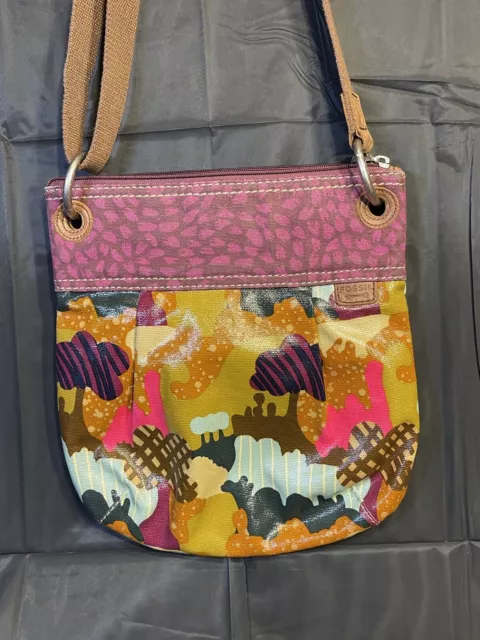 Fossil Key-Per Coated Canvas Cross Body Bag Purse Purple Trees