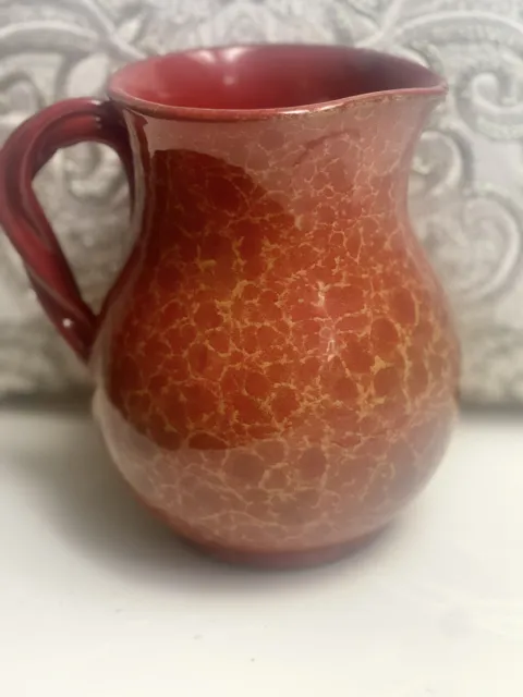 Red & Yellow Muttled Glazed Italian Pottery Pitcher Jug Braided Handle Italy