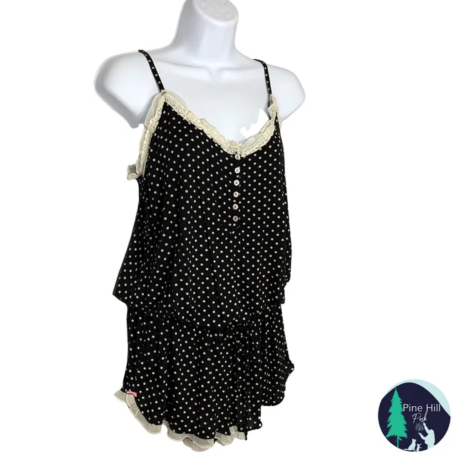 Victorias Secret Romper Nightie Lingerie Large Black Ivory Polka Dot Lace Ruffle
