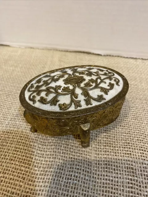 Vintage Brass Floral Filigree Footed Hinged Jewelry Trinket Box Red Velvet Japan