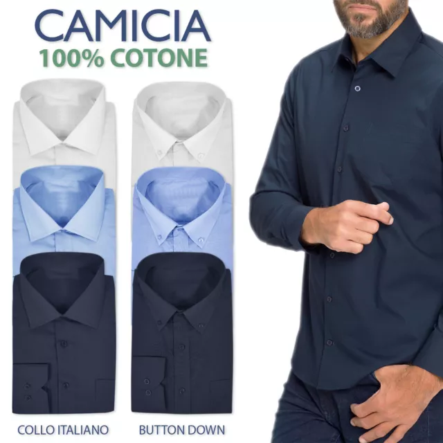 Camicia Uomo 100% Cotone Collo Italiano Button Down Bianca Blu Celeste VEQUE