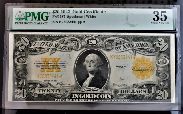 1922 $20 Gold Certificate Fr#1187 Large Speelman/White PMG Choice VF35