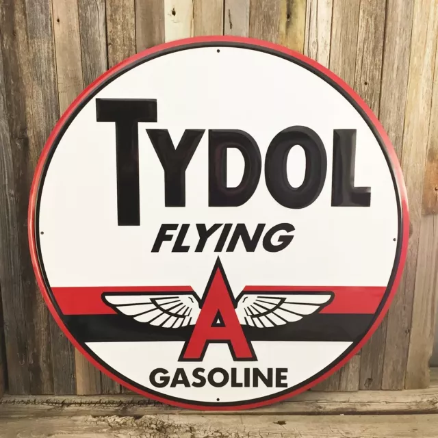 Tydol Flying A Gas Motor Oil Round Embossed Metal Large Tin Sign 24" Vintage New