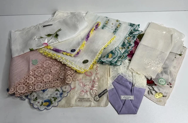 10 Vintage Hankies Handkerchiefs Mixed Print Embroidered Assortment Un-Used
