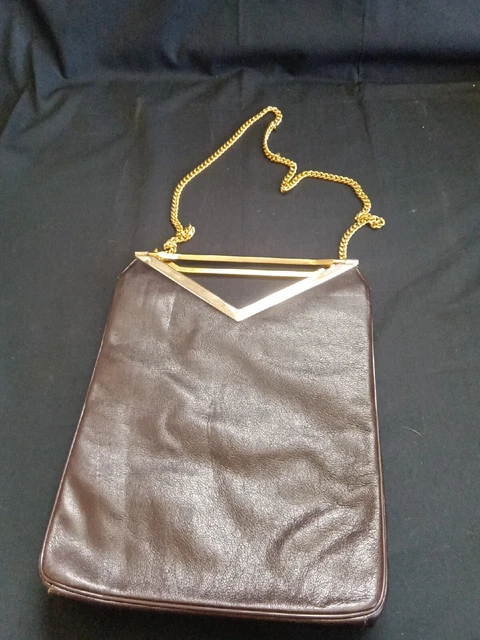 MCM Harry Rosenfeld Brown Leather Purse, Brass Hinged Handles, Chain Strap