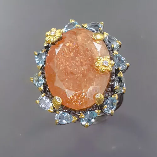 Natural gemstone 30 ct Sunstone Ring 925 Sterling Silver Size 8.5 /R335533