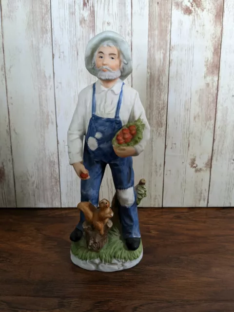 Vintage Homco Bisque Porcelain Old Man Figurine With Squirrel Basket of Apples